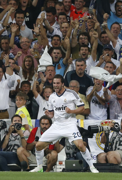 Real Madrid's Gonzalo Higuain celebrates his goal against Barcelona during their Spanish Super Cup second leg soccer match at Santiago Bernabeu stadium in Madrid