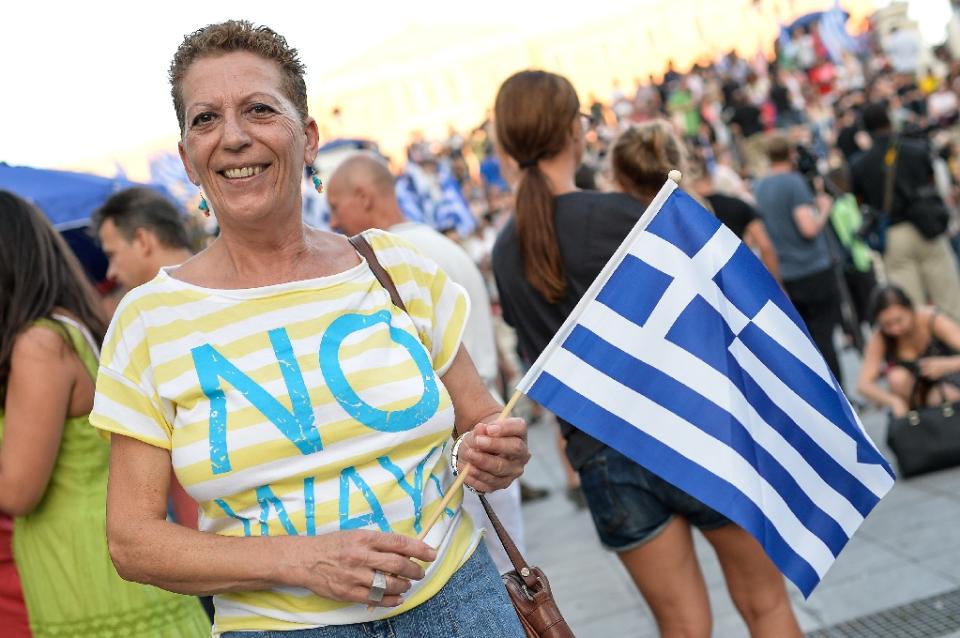A supporter of the &quot;No&quot; vote in the Greek referendum celebrates at Syntagma Square in Athens