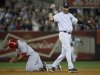 New York Yankees Jeter and Los Angeles Angels Kendrick react after Jeter caught Kendrick trying to steal in MLB game in New York
