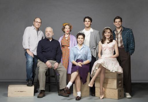 This photo provided by HBO shows, from left, James Lapine, Stephen Sondheim, seated, second left, Jackie Hoffman, America Ferrera, Darren Criss, Laura Osnes, and Jeremy Jordan from the HBO documentary, "Six by Sondheim." The documentary airs Monday, Dec. 9, 2013, on HBO at 9 p.m. ET. (AP Photo/HBO, Matthu Place)