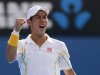 Kei Nishikori of Japan celebrates during his men's singles match against Evgeny Donskoy of Russia at the Australian Open tennis tournament in Melbourne