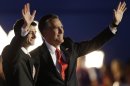 Republican presidential nominee Mitt Romney and Republican vice presidential nominee, Rep. Paul Ryan, left, wave following Romney's speech during the Republican National Convention in Tampa, Fla., on Thursday, Aug. 30, 2012. (AP Photo/Charlie Neibergall)