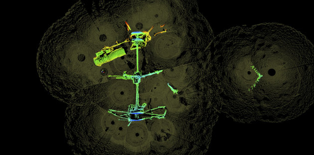 This 2012 high-resolution 3-D sonar image provided by the National Oceanic and Atmospheric Administration shows the remains of the USS Hatteras, the only U.S. Navy ship sunk in combat in the Gulf of Mexico during the Civil War. The image shows the ship’s stern and rudder to the right, the paddlewheel shaft, engine machinery and one of the paddlewheels. (AP Photo/NOAA, Northwest Hydro Inc., James Glaeser)