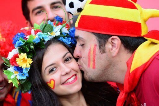 Spain fans enjoy the build-up to the Euro 2012 semi-final between Portugal and Spain in Ukrainian city of Donetsk