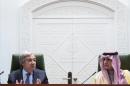 UN Secretary General Antonio Guterres (L) speaks alongside Saudi Minister of Foreign Affairs, Adel al-Jubeir, during a joint press conference held with in the Saudi capital Riyadh on February 12, 2017