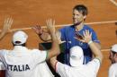 Italy's Andreas Seppi celebrates his victory over Argentina's Carlos Berlocq after a Davis Cup first round tennis match in Buenos Aires, Argentina, Friday, Feb. 3, 2017. (AP Photo/Natacha Pisarenko)