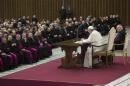 Pope Francis talks during a meeting with priests of Rome during a meeting at Paul VI's Hall at the Vatican