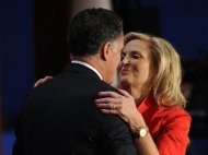 Republican presidential candidate Mitt Romney and wife Ann embrace at the Tampa Bay Times Forum in Tampa, Florida, on August 28, during the Republican National Convention. Republicans crowned Romney the presidential nominee as Ann sold their wholesome family and college sweetheart love story to US voters in a prime-time convention speech