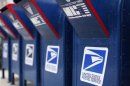 A view shows U.S. postal service mail boxes at a post office in Encinitas