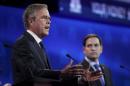 Republican U.S. presidential candidate Bush speaks as Rubio looks on at the 2016 U.S. Republican presidential candidates debate held by CNBC in Boulder