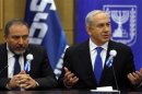 Israel's Prime Minister Netanyahu and former foreign minister Lieberman attend a faction meeting in Jerusalem