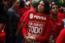 Venezuelan worker from state oil company PDVSA takes part in a protest against U.S. sanctions against the company in Caracas