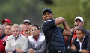 Woods of the U.S. tees off on the fourth hole during the inaugural Turkish Airlines Open in Antalya