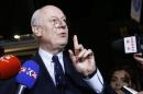 UN mediator for Syria Staffan de Mistura gestures during a news conference on the Syrian peace talks outside President Wilson hotel in Geneva