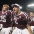 Texas A&M quarterback Johnny Manziel (2) sings the Aggie War Hymn with Ryan Swope (25) and Conner McQueen (14) after an NCAA college football game against Missouri, Saturday, Nov. 24, 2012, in College Station, Texas. A&M defeated Missouri 59-29. (AP Photo/Dave Einsel)