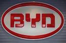 The logo of BYD is seen inside a showroom in Shenzhen, China's southern Guangdong province