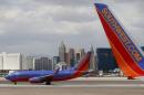 Southwest Airlines planes are seen in front of the Las Vegas strip