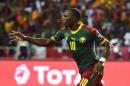 Cameroon's forward Vincent Aboubakar celebrates after scoring the team's second goal in Libreville on February 5, 2017