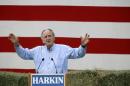FILE - In this Sept. 15, 2013, file photo, Iowa Sen. Tom Harkin speaks during his annual fundraising steak fry dinner Indianola, Iowa. If Democrat Bruce Braley is to replace retiring senator Harkin, he'll need some of Harkin's "prairie populism" and Clinton star power to pump energy into a so-far pedestrian campaign. Harkin's annual steak fry this weekend will feature feel-good tributes to the five-term senator, all in the glow of former President Bill Clinton and Hillary Rodham Clinton. (AP Photo/Charlie Neibergall, File)