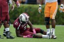 South Carolina running back Marcus Lattimore grabs his right knee after getting hit by Tennessee's Eric Gordon during the first half of an NCAA college football game Saturday, Oct. 27, 2012 at Williams-Brice Stadium in Columbia, S.C. (AP Photo/Richard Shiro)