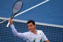 Milos Raonic of Canada celebrates after defeating Steve Johnson of the United States during the Citi Open at the William H.G. FitzGerald Tennis Center on August 1, 2014 in Washington