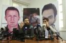 Correspondent Abdul-Ahad and Director of Samir Kassir Eyes Center for Media and Cultural Freedom Mhanna speak during a news conference in Beirut