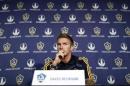 Los Angeles Galaxy soccer player David Beckham attends a press conference in Hoboken, New Jersey