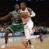 New York Knicks guard J.R. Smith, right, drives past Boston Celtics forward Jeff Green (8) during the first half of Game 1 in the first round of the NBA basketball playoffs at Madison Square Garden in New York, Saturday, April 20, 2013.  (AP Photo/Kathy Willens)