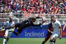Goalie David De Gea of Manchester United blocks a kick during the International Champions Cup match between Manchester United and FC Barcelona at Levi's Stadium in Santa Clara, California on July 25, 2015