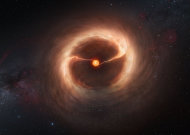 This artist’s impression shows the disk of gas and cosmic dust around the young star HD 142527. Astronomers using the Atacama Large Millimeter/submillimeter Array (ALMA) telescope have seen vast streams of gas flowing across the gap in the disc