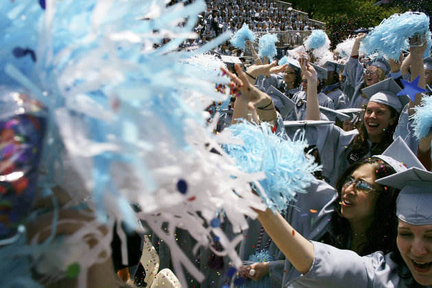 Students cheer during commencement ceremonies at Columbia University