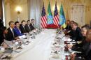 U.S. President Obama and his delegation, including NSA Rice, sit down to a bilateral meeting with Ethiopia's Prime Minister Desalegn at the National Palace in Addis Ababa, Ethiopia