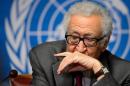 UN-Arab League envoy for Syria Lakhdar Brahimi gestures during a press briefing at the United Nations Offices in Geneva on January 27, 2014