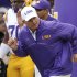 LSU coach Les Miles leads his team onto the field before an NCAA college football game against North Texas in Baton Rouge, La. Saturday, Sept. 1, 2012.  (AP Photo/Bill Haber)