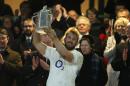 England's Chris Robshaw holds aloft the Calcutta Cup after his side's 25-13 win in the Six Nations rugby union match between England and Scotland at Twickenham stadium in London, Saturday, March, 14, 2015. (AP Photo/Alastair Grant)