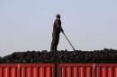 A worker speaks as he loads coal on a truck at a depot near a coal mine from the state-owned Longmay Group on the outskirts of Jixi, Heilongjiang, China