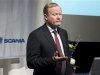 CEO Ostling of Swedish truckmaker Scania talks to the media during a quarterly report presentation in Stockholm