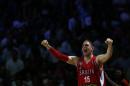 Serbia's Vladimir Stimac reacts from the bench during a basketball World Cup semifinal match between France and Serbia at the Palacio de los Deportes stadium in Madrid, Spain, Friday, Sept. 12, 2014. (AP Photo/Daniel Ochoa de Olza)