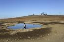 A visitor walks near the receding waters at Folsom Lake, which is 17 percent of its capacity, in Folsom