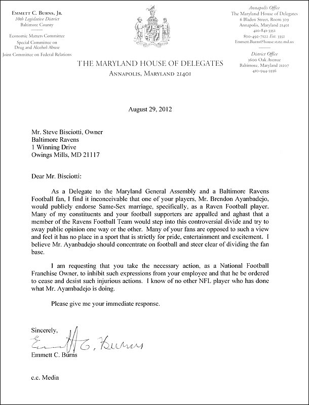 Maryland politician's letter denouncing Brendon Ayanbadejo's support ...