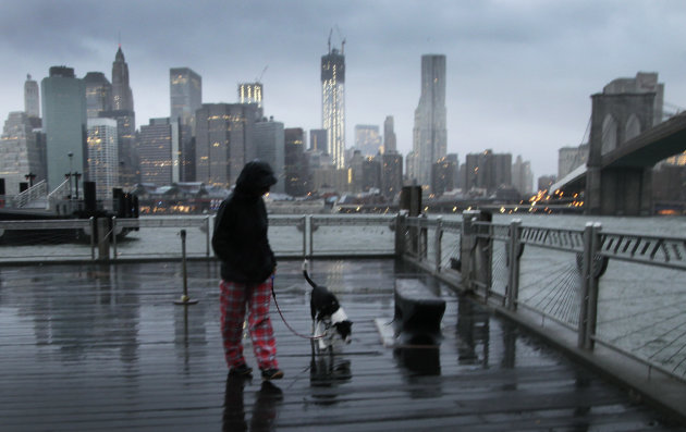 Vanessa Pumo walks her dog Bella as wind and rain from Hurricane Sandy arrive, Monday, Oct. 29, 2012 in Brooklyn, N.Y. Behind her is the Manhattan skyline and Brooklyn Bridge, right. (AP Photo/Mark Lennihan)