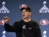 San Francisco 49ers head coach Jim Harbaugh talks with reporters during a news conference on Monday, Jan. 28, 2013, in New Orleans. The 49ers are scheduled to play the Baltimore Ravens in the NFL Super Bowl XLVII football game on Feb. 3. (AP Photo/Mark Humphrey)