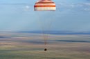 In this photo provided by NASA, the Soyuz TMA-04M spacecraft lands with Expedition 32 Commander Gennady Padalka of Russia, NASA Flight Engineer Joe Acaba and Russian Flight Engineer Sergie Revin in a remote area near the town of Arkalyk, Kazakhstan, on Monday, Sept. 17, 2012. Padalka, Acaba and Revin returned from five months onboard the International Space Station where they served as members of the Expedition 31 and 32 crews. (AP Photo/NASA, Carla Cioffi)