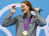 Missy Franklin of the U.S. poses with her gold medal after winning the women's 100m backstroke final at the London 2012 Olympic Games at the Aquatics Centre