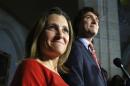 Liberal leader Trudeau takes part in a news conference with candidate Freeland on Parliament Hill in Ottawa in this file photo