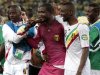 Mali's goalkeeper Diakite is congratulated by teammates after their victory over South Africa during their African Cup of Nations quarter-final soccer match at the Moses Mabhida stadium in Durban