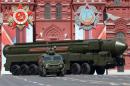Russian Yars RS-24 intercontinental ballistic missile system drives during Victory Day parade to mark end of World War Two at Red Square in Moscow