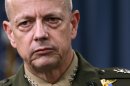 FILE- In this March 26, 2012, file photo, Marine Gen. John Allen, the top U.S. commander in Afghanistan listens during a news conference at the Pentagon in Washington. The Afghan government says it has reached a deal with the U.S. to govern controversial night raids by American forces. The Afghan Foreign Ministry says the memorandum of understanding on special operations will be signed later Sunday, April 8, 2012, by Defense Minister Gen. Abdul Rahim Wardak and the commander of U.S. forces, Gen. John Allen. (AP Photo/Haraz N. Ghanbari, File)