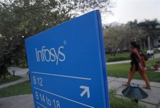 An employees walks past a signage board in the Infosys campus at the Electronics City IT district in Bangalore