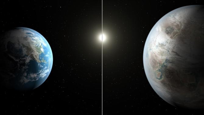This NASA artist&#39;s concept compares Earth (left) to the new planet, called Kepler-452b, which is about 60 percent larger in diameter